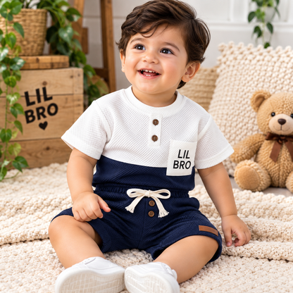 Premium Kids Navy Blue & White Waffle T-Shirt and Shorts Combo