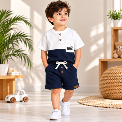 Premium Kids Navy Blue & White Waffle T-Shirt and Shorts Combo