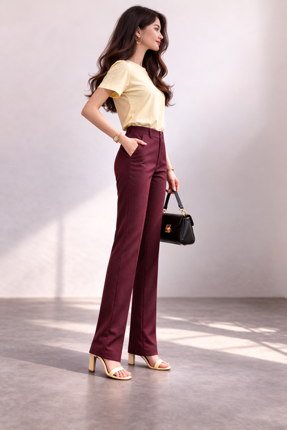 Women’s Wine Maroon LuxeFlex Straight Fit Trousers