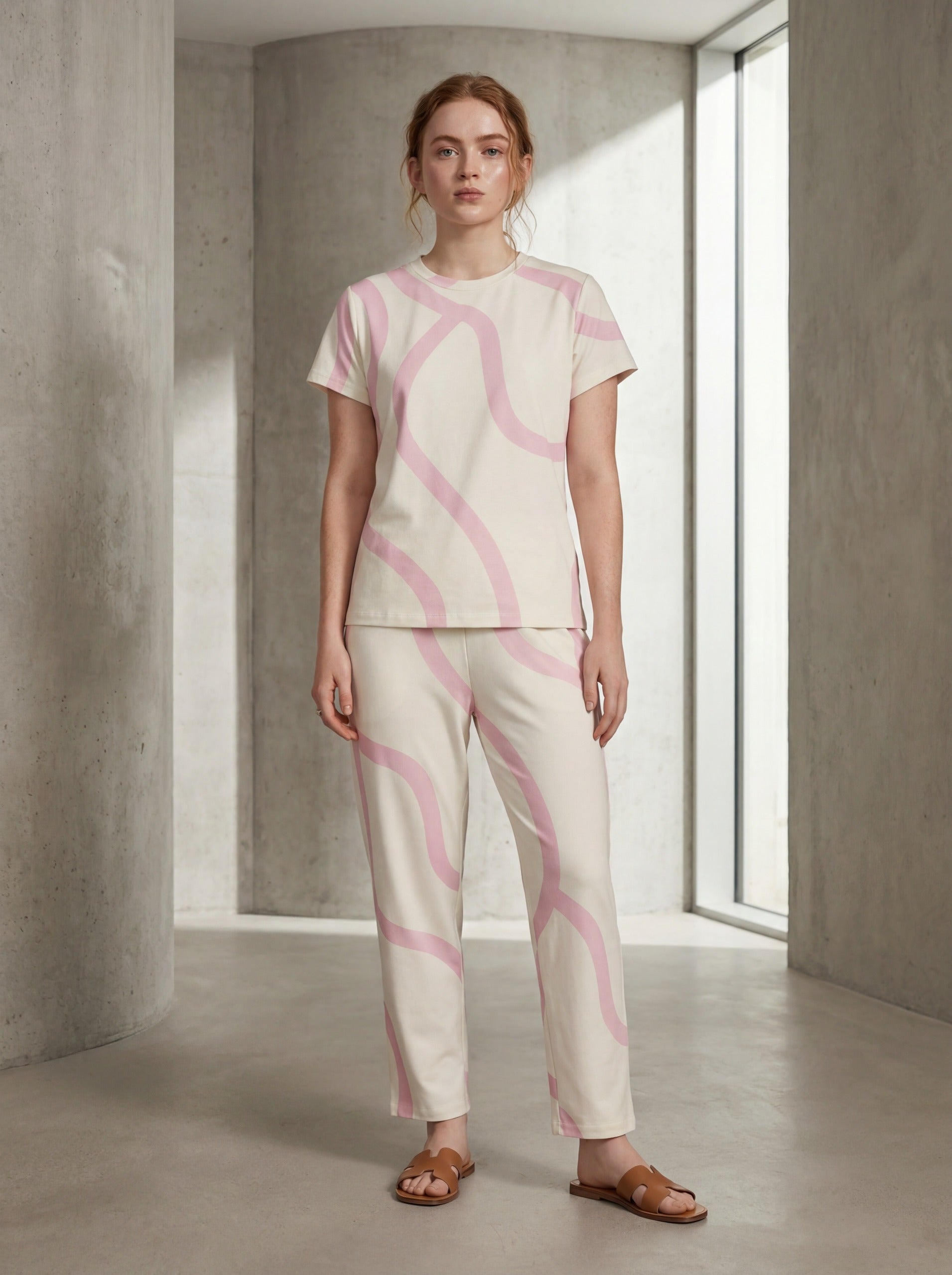 Woman wearing a pink and white patterned outfit in a minimalistic room.