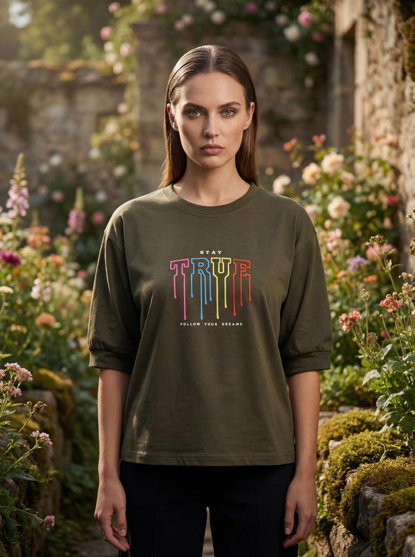 Olive Green “Stay True” Oversized T-Shirt