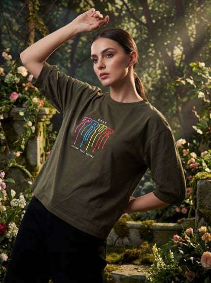 Olive Green “Stay True” Oversized T-Shirt