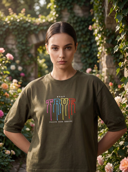 Olive Green “Stay True” Oversized T-Shirt