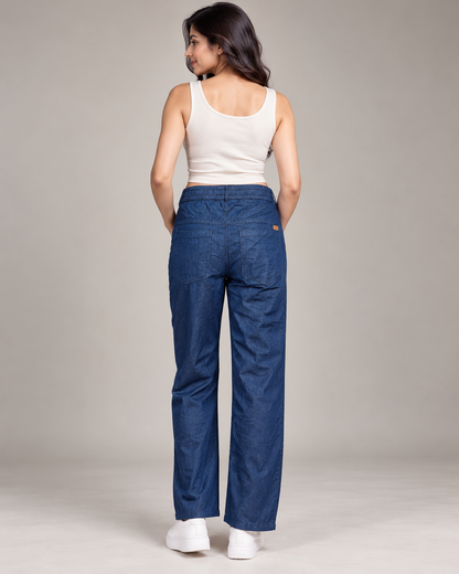 Women’s Premium Relaxed Fit Soft Denim Trousers in Dark Blue