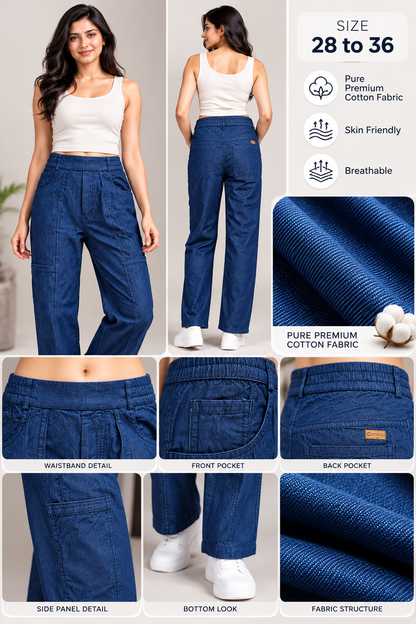 Women’s Premium Relaxed Fit Soft Denim Trousers in Dark Blue