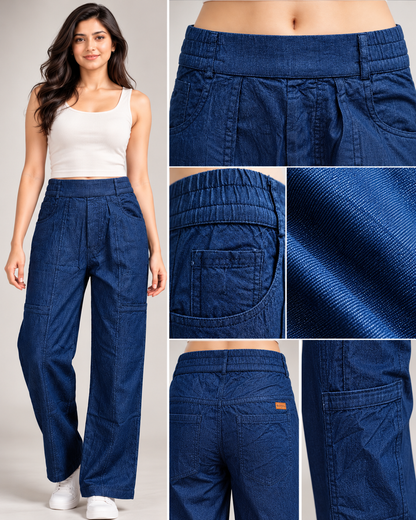 Women’s Premium Relaxed Fit Soft Denim Trousers in Dark Blue