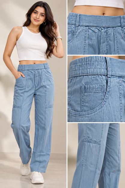 Women’s Premium Relaxed Fit Soft Denim Trousers in Sky Blue