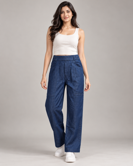 Women’s Premium Relaxed Fit Soft Denim Trousers in Dark Blue